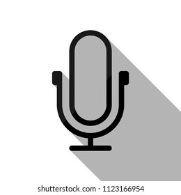 Simple microphone icon. Linear, thin outline. Black object with long shadow on white background