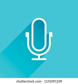 Simple microphone icon. Linear, thin outline. Gray icon with long shadow in bottom left corner on blue background
