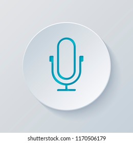 Simple microphone icon. Linear, thin outline. Cut circle with gray and blue layers. Paper style