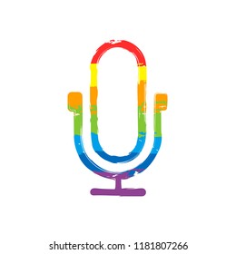 Simple microphone icon. Linear, thin outline. Drawing sign with LGBT style, seven colors of rainbow (red, orange, yellow, green, blue, indigo, violet