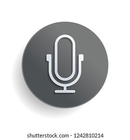 Simple microphone icon. Linear, thin outline. White paper symbol on gray round button or badge with shadow