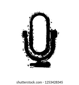 Simple microphone icon. Linear, thin outline. Black ink with splashes on white background