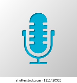 Simple microphone icon. Paper design. Cutted symbol with shadow