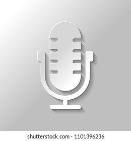 Simple microphone icon. Paper style with shadow on gray background