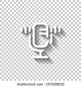 Simple Microphone Icon, Podcast Or Radio. White Linear Icon With Editable Stroke And Shadow On Transparent Background