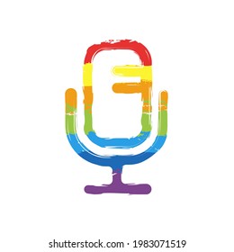 Simple microphone icon, podcast or radio. Drawing sign with LGBT style, seven colors of rainbow (red, orange, yellow, green, blue, indigo, violet