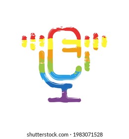 Simple microphone icon, podcast or radio. Drawing sign with LGBT style, seven colors of rainbow (red, orange, yellow, green, blue, indigo, violet