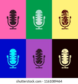 Simple microphone icon. Pop art style. Scratched icons on 6 colour backgrounds. Seamless pattern