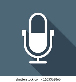 Simple microphone icon. White flat icon with long shadow on background