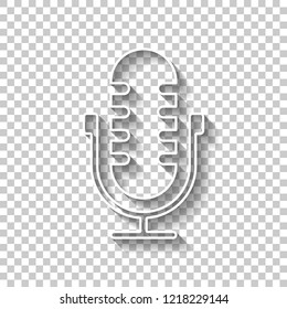 Simple microphone icon. White outline sign with shadow on transparent background