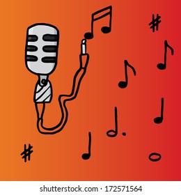 simple microphone and notes on the red background