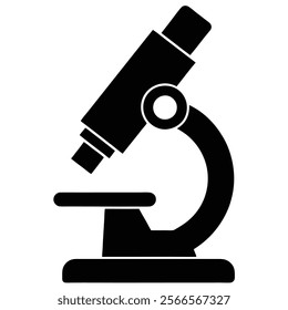 Simple Microscope Silhouette for Medical and Laboratory Use. Flat Microscope Vector Icon. Simple black symbol on white background 