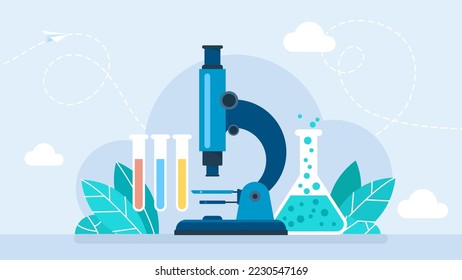 Simple microscope. Tools for chemical and biological research. Search for drugs and optimal formulas. Concept of science, scientific research, medicine, biology, laboratory. Flat Vector illustration.