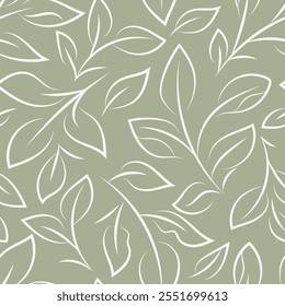 Simple mid-century modern leaves seamless pattern backdrop. Elegant hand-drawn paint brush style relaxed foliage backdrop in minimalistic linear style. Botanical green white leaf repeat for summer