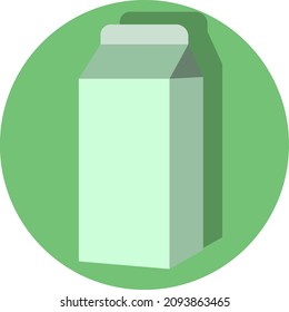 Simple milk packaging. Icon. Green background in the form of a smooth circle. Shadows behind the milk. Vector illustration.