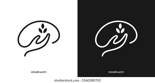 Simple Mind Health Logo. Brain and Hand Nature Tree Leaf with Lineart Style. Therapy Psychology Logo Icon Symbol Vector Design Template.