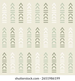 Simple and minimal abstract cookie houses forming vertical stripe pattern in colors of white, mint green and sage green on beige. Christmas seamless vector pattern. Great for home decor, fabric, gifts