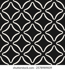 Simple minimal abstract geometric seamless pattern. Black and white vector texture with rounded shapes in regular grid, diamonds, rhombuses. Monochrome background. Dark repeated design for decor, wrap