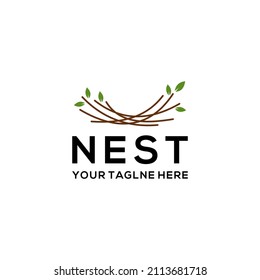 Simple and minimal bird nest icon logo line illustration with leaf symbol, bird house symbol logo Vector