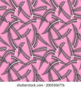 Simple minimal black fern leaves tropical seamless pattern. Pink background. Flat jungle foliage modern texture. Stock vector illustration.