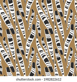 Simple minimal black and white snake plant leaves tropical seamless pattern. Brown background. Flat style striped jungle foliage modern texture. Stock vector illustration.