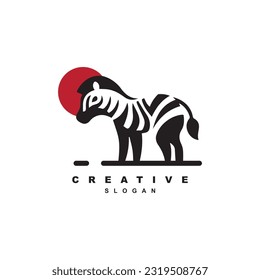 Simple minimal black and white zebra with red sun logo design for your brand or business