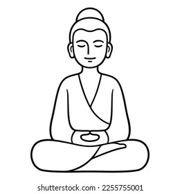 Simple and minimal Buddha statue sitting in meditation, Zen Buddhist tradition. Black and white line art drawing, isolated vector illustration.