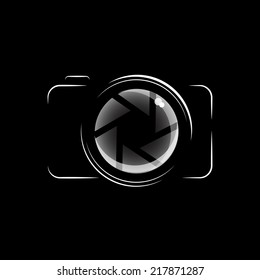 Simple, minimal camera icon in black and white, isolated over black background. EPS10 vector format.