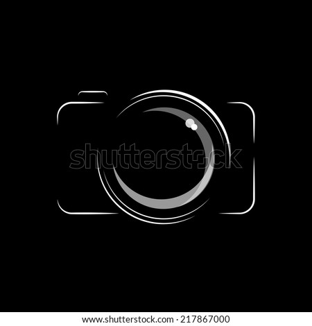 Simple, minimal camera icon in black and white, isolated over black background. EPS10 vector format.