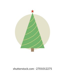 Una sencilla ilustración mínima de árbol de Navidad con tonos verdes suaves y una línea en forma de cinta que envuelve, coronada con una Pequeña estrella roja. Perfecto para tarjetas de vacaciones y decoraciones festivas.