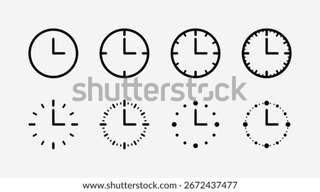 Simple and minimal clock sign symbol. Circle analog clock with clock hands icon. Wall clock.