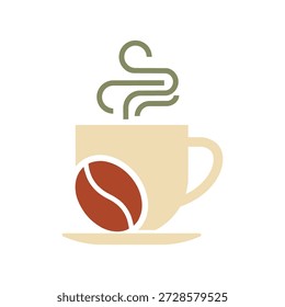 Simple minimal coffee logo with cup steam and bean using earthy beige green and brown tones for cafe branding