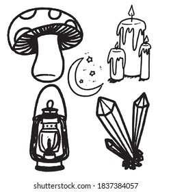 Simple minimal collection set inked elements mushroom halloween autumn themed doodles illustration icon vector design element isolated on a white background