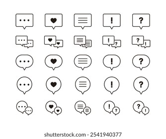 Einfache und minimale Konversation, Kommunikation, Geschichte, Anfrage, Antwort, Frage, Beratung, Sprechblase, Sprachzeilen-Icon-Set.