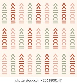 Simple and minimal cookie houses forming a vertical stripe pattern in color palette of red, pink and green on off white background. A Christmas seamless vector pattern. Great for gift wrap, fabric.