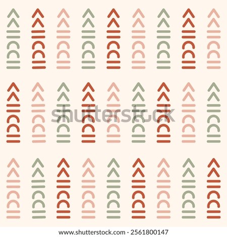 Simple and minimal cookie houses forming a vertical stripe pattern in color palette of red, pink and green on off white background. A Christmas seamless vector pattern. Great for gift wrap, fabric.