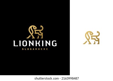 simple minimal elegant luxury lion vector logo design in line art outline style with gold color