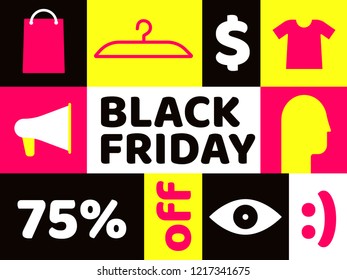 Simple minimal flat black friday sale banner with special offer vector illustration. Promo advert card in minimal flat design, flyer or card for stock price sale. Flash, shopping cart, gft, tshirt etc