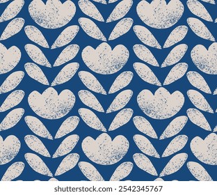 Simple minimal flowers with leaves in a grainy texture in cream color on a dark blue background. A seamless vector pattern. Great for home decor, fabric, wallpaper, gift wrap, stationery, packaging.