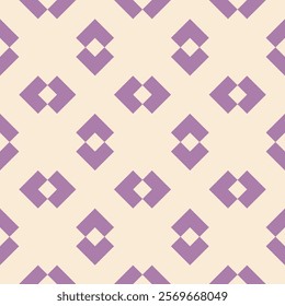 Simple minimal funky seamless pattern. Cute vector geometric texture with small arrow shapes, squares, dots. Stylish modern purple and beige color background. Repeat design for decor, textile, print