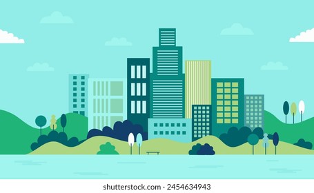 Simple, minimal geometric flat style vector illustration depicting a city landscape with buildings, hills, and trees. Ideal as an abstract horizontal banner or background, offering ample copy space fo