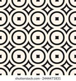 Simple minimal geometric seamless texture. Vector abstract pattern with curved shapes, squares, circles, diamonds in regular grid, repeat tiles. Black and white background. Monochrome modern design