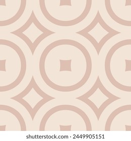 Simple minimal geometric seamless texture. Vector abstract pattern with big curved shapes, squares, circles, diamonds in regular grid, repeat tiles. Subtle beige background. Modern retro style design