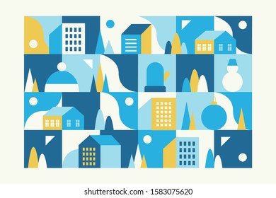 Simple minimal geometric winter town, city landscape with buildings, hills and trees. Abstract background for websites, banners, covers. Seamles pattern. Trendy flat style. Vector illustration.