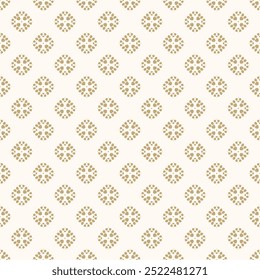 Simple minimal golden seamless pattern. Abstract floral geometric texture. Gold and white ornament with small flower silhouettes, leaves, curved shapes, circles, dots. Minimalist repeated background