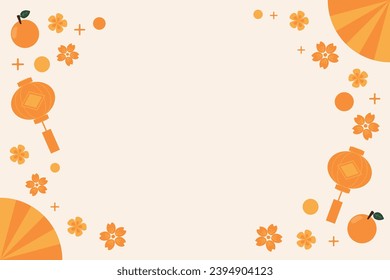 simple minimal hand drawn Chinese new year banner with flowers, fan, lantern and orange, empty space for text. For Greeting card, poster, card, tag, invitation, social media, web, banner, header