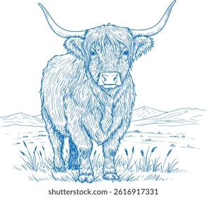 Simple Minimal Hand Drawn Highland Cow with Mountain Landscape