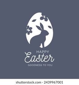 Simple, minimal, happy easter greeting card, poster, cover with easter bunny, easter egg and floral silhouette. Vector Illustration