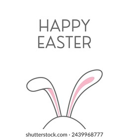 Simple, minimal, happy easter greeting card, poster, banner, cover with easter bunny ears on white background. Vector Illustration