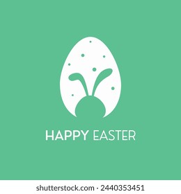 Tarjeta de felicitación de Pascua simple, mínima, feliz, cartel, cubierta con conejito de Pascua y silueta de huevo de Pascua sobre fondo verde. Ilustración vectorial